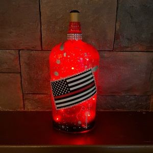 Handmade Upcycled Lighted Thin Red Line bottle bar decor